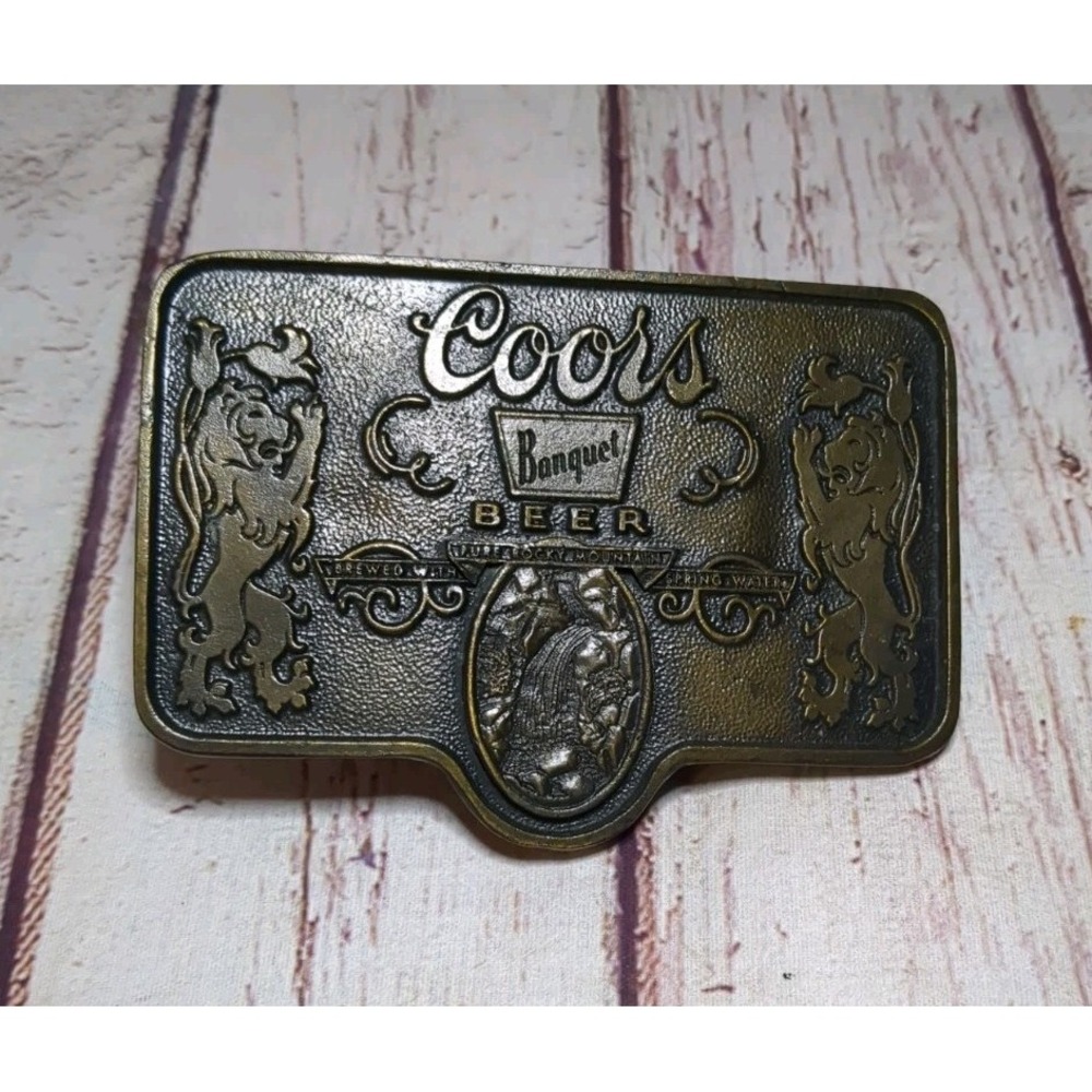 Vintage 1970s Coors Banquet Beer Brass Belt Buckle Twin Lions Crest Made In USA
